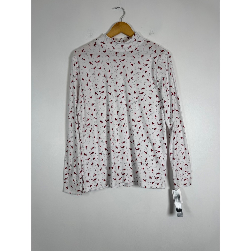 Hasting & Smith Women Large Mock Neck Top White Red Cardinal Snowflake Winter